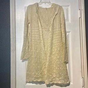 Poof! Long crochet open cardigan with hood in beige Small